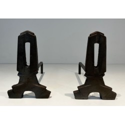 Pair of Modernist Cast Iron Andirons with Rectangular Aperture Uprights and Tripod Bases