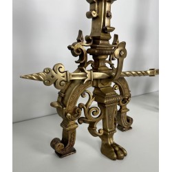 Importante Parure de Cheminée en Bronze de Style Renaissance avec Barre de Liaison