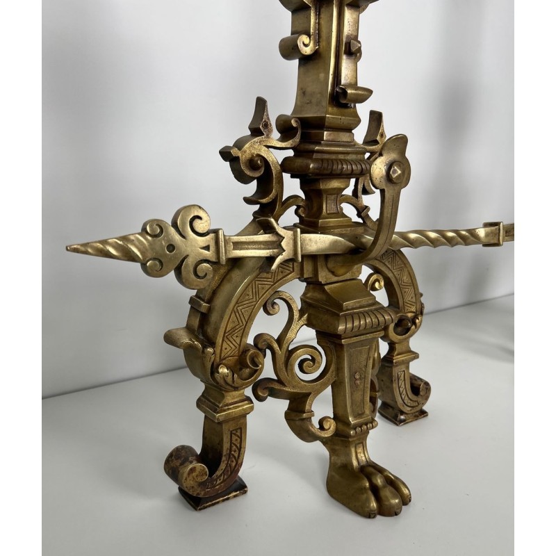 Important Pair of Renaissance Style Bronze Andirons with Connecting Bar