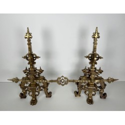 Important Pair of Renaissance Style Bronze Andirons with Connecting Bar