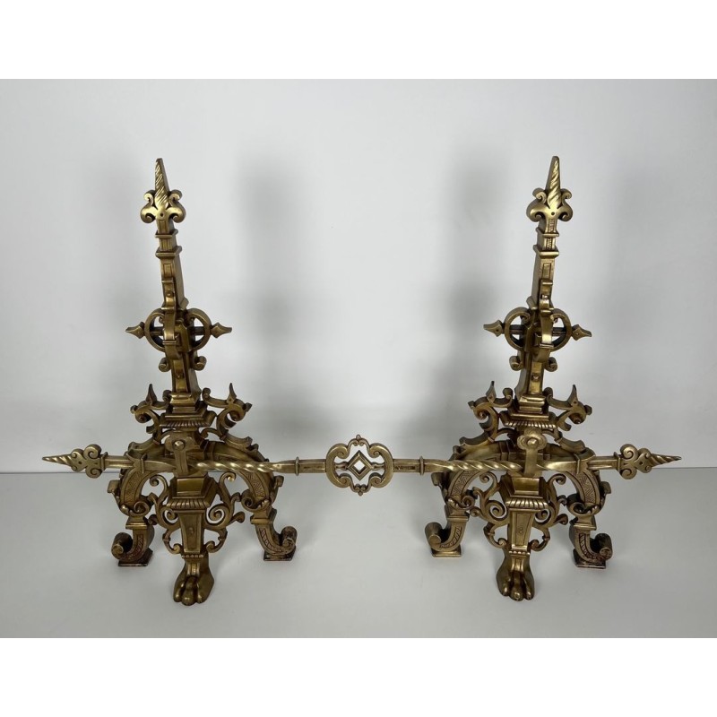 Importante Parure de Cheminée en Bronze de Style Renaissance avec Barre de Liaison