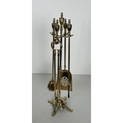 Neoclassical Style Polished Brass Fireplace Companion Set with Ring-Handle Tools on Stand