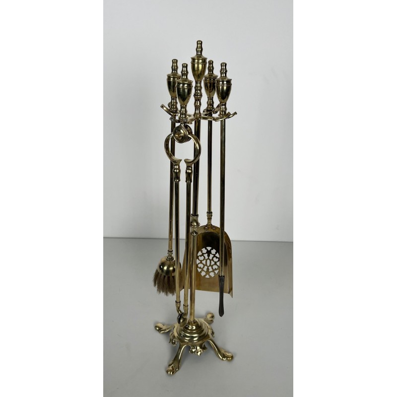 Neoclassical Style Polished Brass Fireplace Companion Set with Ring-Handle Tools on Stand
