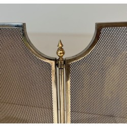 Neoclassical Three-Panel Wire Mesh Fireplace Screen with Brass Columns and Laurel Wreath