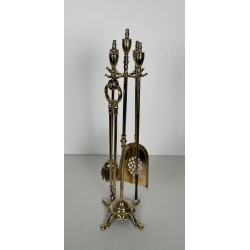 Neoclassical Style Polished Brass Fireplace Companion Set with Ring-Handle Tools on Stand