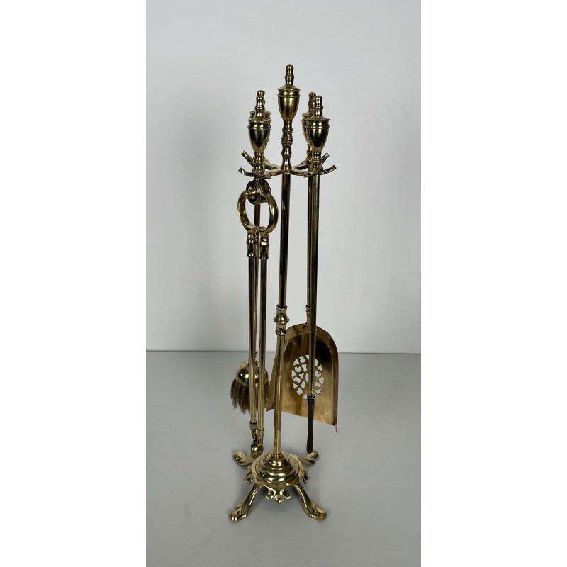 Neoclassical Style Polished Brass Fireplace Companion Set with Ring-Handle Tools on Stand
