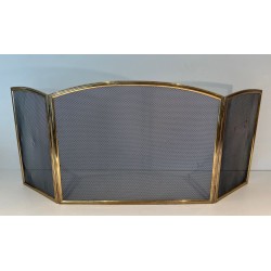 Neoclassical Style Three-Panel Folding Fireplace Screen in Wire Mesh with Brass Frame