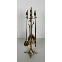 Neoclassical Style Polished Brass Fireplace Companion Set with Ring-Handle Tools on Stand
