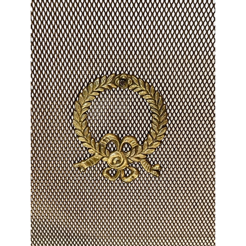 Neoclassical Three-Panel Wire Mesh Fireplace Screen with Brass Columns and Laurel Wreath