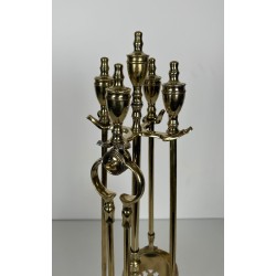 Neoclassical Style Polished Brass Fireplace Companion Set with Ring-Handle Tools on Stand