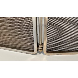 Neoclassical Three-Panel Wire Mesh Fireplace Screen with Brass Columns and Laurel Wreath