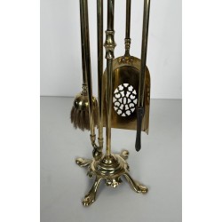 Neoclassical Style Polished Brass Fireplace Companion Set with Ring-Handle Tools on Stand