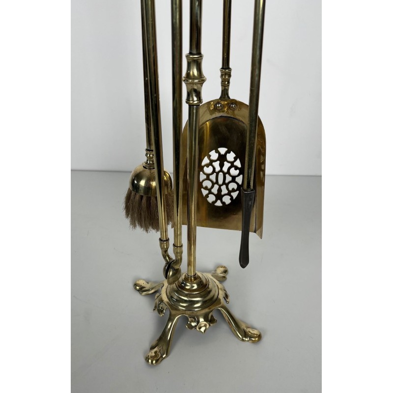Neoclassical Style Polished Brass Fireplace Companion Set with Ring-Handle Tools on Stand