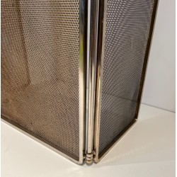 Neoclassical Three-Panel Wire Mesh Fireplace Screen with Brass Columns and Laurel Wreath