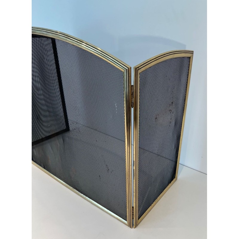 Neoclassical Style Three-Panel Folding Fireplace Screen in Wire Mesh with Brass Frame