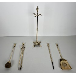 Neoclassical Style Polished Brass Fireplace Companion Set with Ring-Handle Tools on Stand