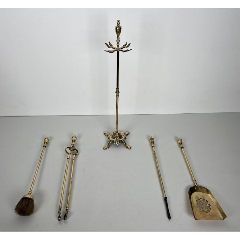 Neoclassical Style Polished Brass Fireplace Companion Set with Ring-Handle Tools on Stand