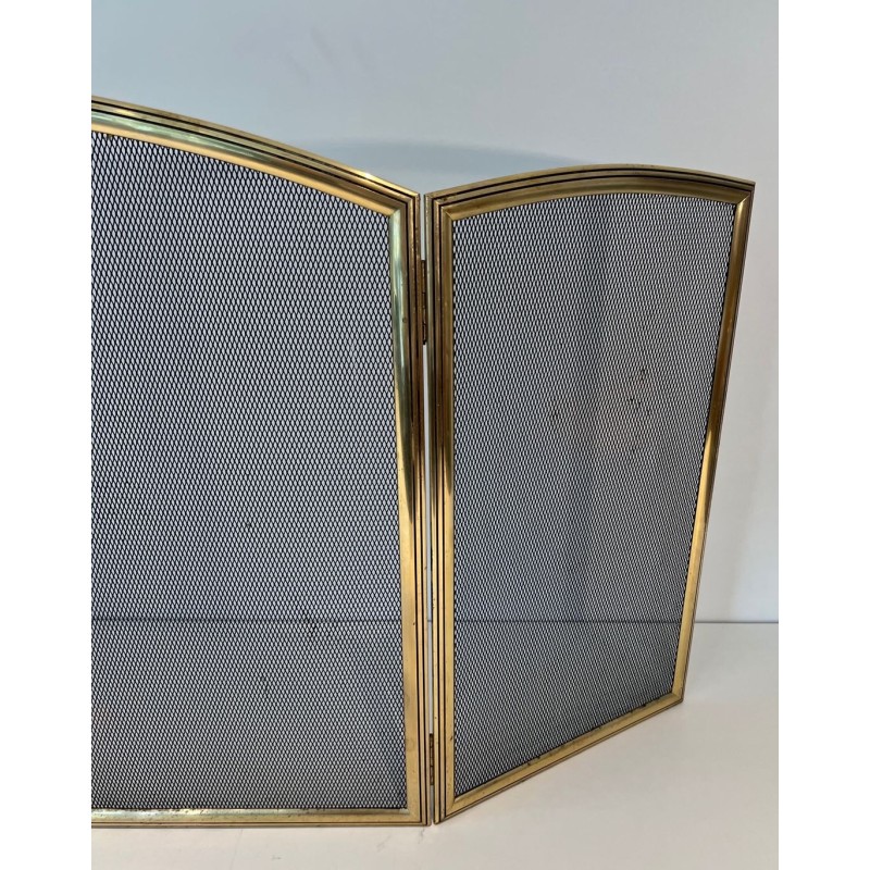 Neoclassical Style Three-Panel Folding Fireplace Screen in Wire Mesh with Brass Frame