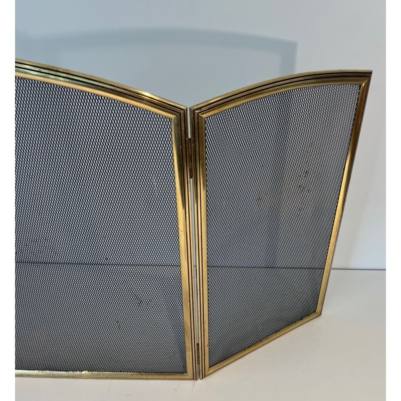 Neoclassical Style Three-Panel Folding Fireplace Screen in Wire Mesh with Brass Frame