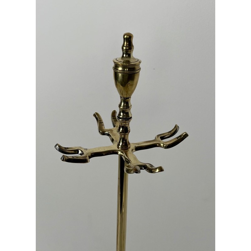 Neoclassical Style Polished Brass Fireplace Companion Set with Ring-Handle Tools on Stand