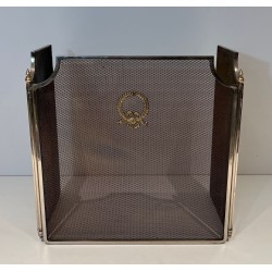 Neoclassical Three-Panel Wire Mesh Fireplace Screen with Brass Columns and Laurel Wreath