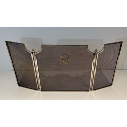 Neoclassical Three-Panel Wire Mesh Fireplace Screen with Brass Columns and Laurel Wreath