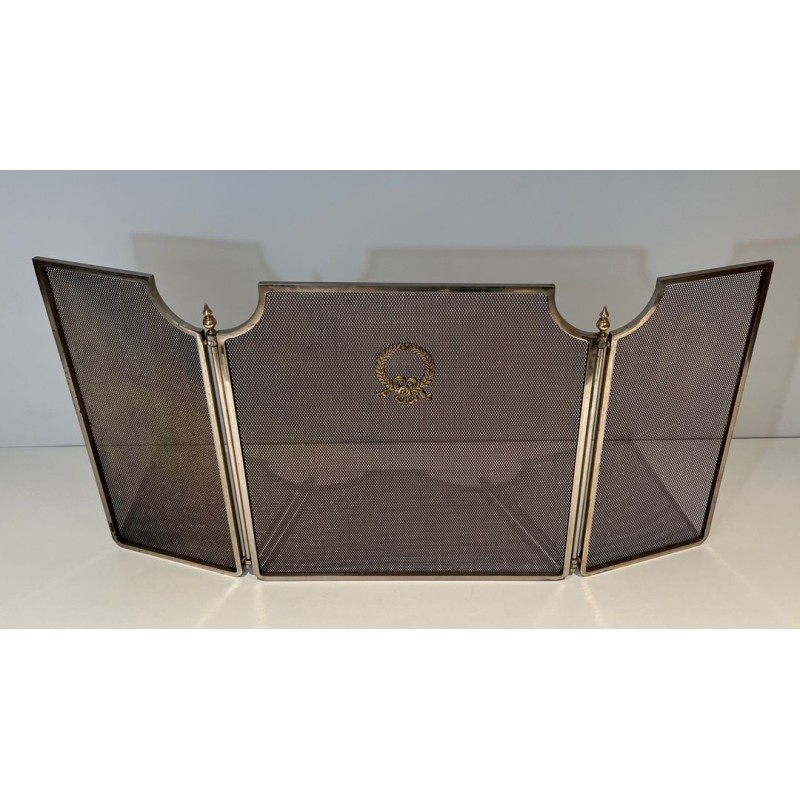 Neoclassical Three-Panel Wire Mesh Fireplace Screen with Brass Columns and Laurel Wreath