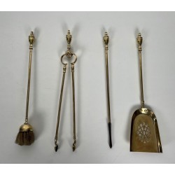 Neoclassical Style Polished Brass Fireplace Companion Set with Ring-Handle Tools on Stand