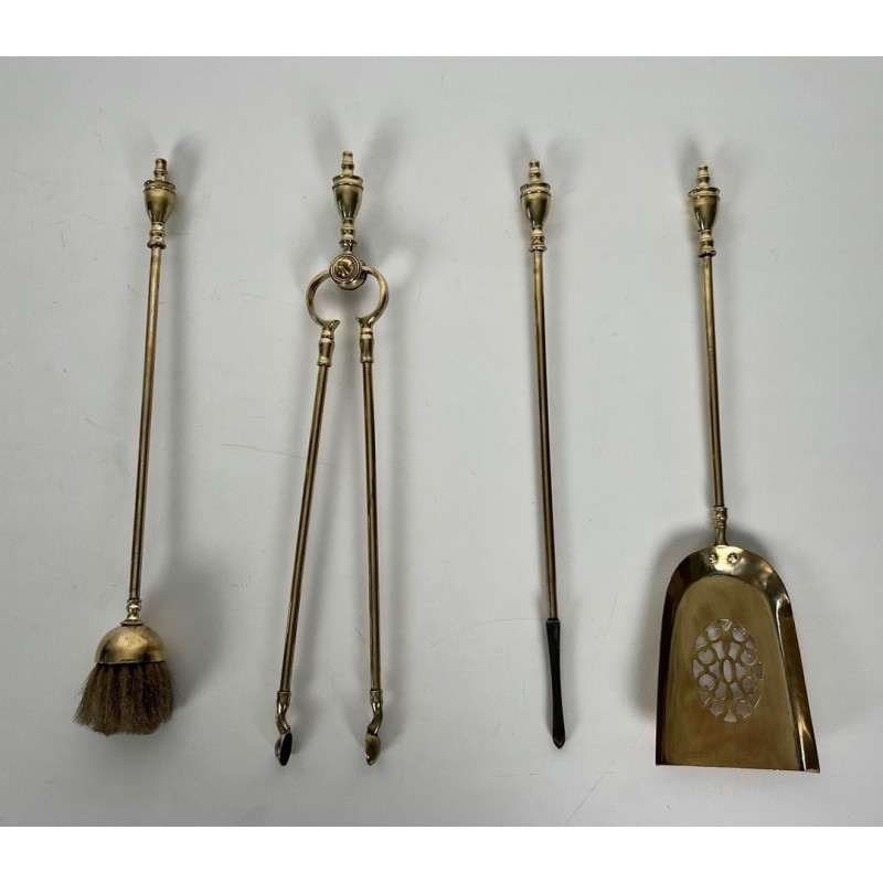Neoclassical Style Polished Brass Fireplace Companion Set with Ring-Handle Tools on Stand