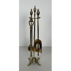 Neoclassical Style Polished Brass Fireplace Companion Set with Ring-Handle Tools on Stand