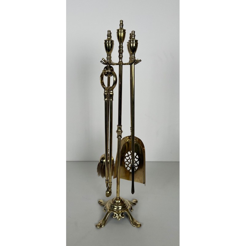 Neoclassical Style Polished Brass Fireplace Companion Set with Ring-Handle Tools on Stand