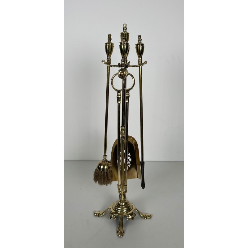Neoclassical Style Polished Brass Fireplace Companion Set with Ring-Handle Tools on Stand