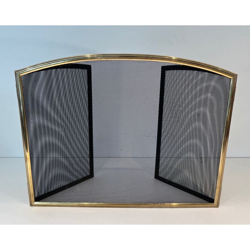 Neoclassical Style Three-Panel Folding Fireplace Screen in Wire Mesh with Brass Frame