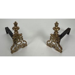 Pair of Chiseled Bronze and Wrought Iron Andirons in the Louis XV Style