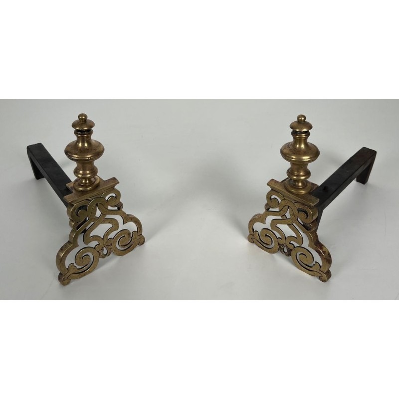 Pair of Chiseled Bronze and Wrought Iron Andirons in the Louis XV Style