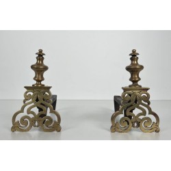 Pair of Chiseled Bronze and Wrought Iron Andirons in the Louis XV Style