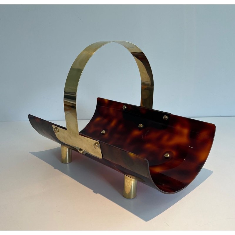 Log Holder in Tortoiseshell-Effect Lucite and Brass