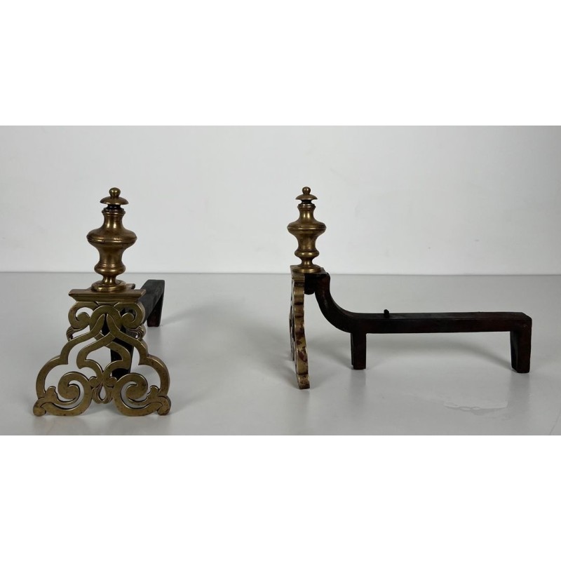 Paire de Chenets en Bronze Ciselé et Fer Forgé de Style Louis XV