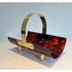 Log Holder in Tortoiseshell-Effect Lucite and Brass