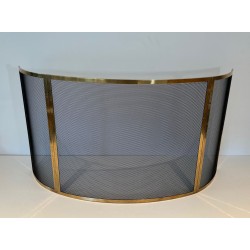 Design Large Curved Fireplace Screen in Black Steel Mesh with Polished Brass Frame
