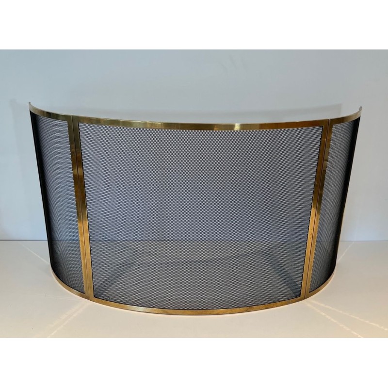 Design Large Curved Fireplace Screen in Black Steel Mesh with Polished Brass Frame