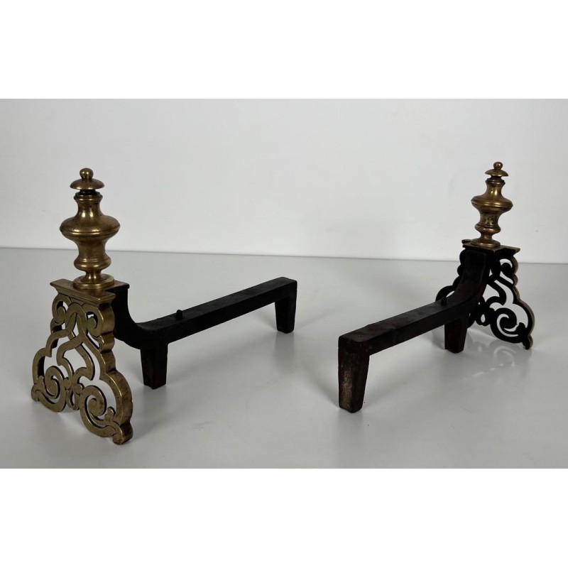 Pair of Chiseled Bronze and Wrought Iron Andirons in the Louis XV Style