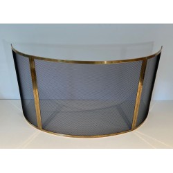 Design Large Curved Fireplace Screen in Black Steel Mesh with Polished Brass Frame