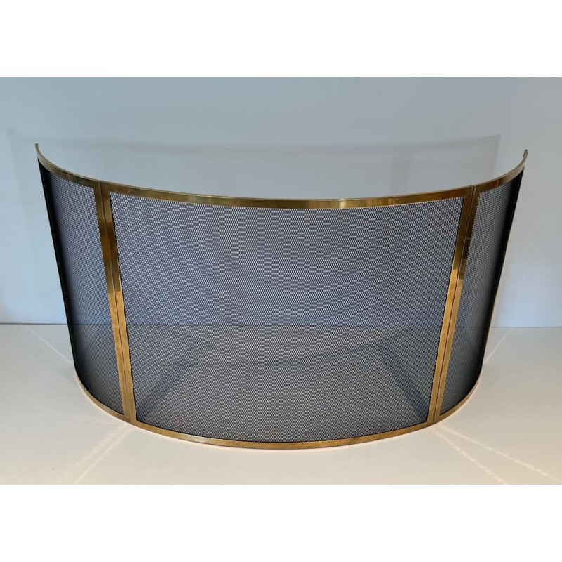 Design Large Curved Fireplace Screen in Black Steel Mesh with Polished Brass Frame