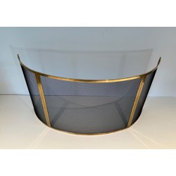 Design Large Curved Fireplace Screen in Black Steel Mesh with Polished Brass Frame