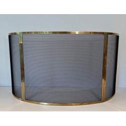 Design Large Curved Fireplace Screen in Black Steel Mesh with Polished Brass Frame