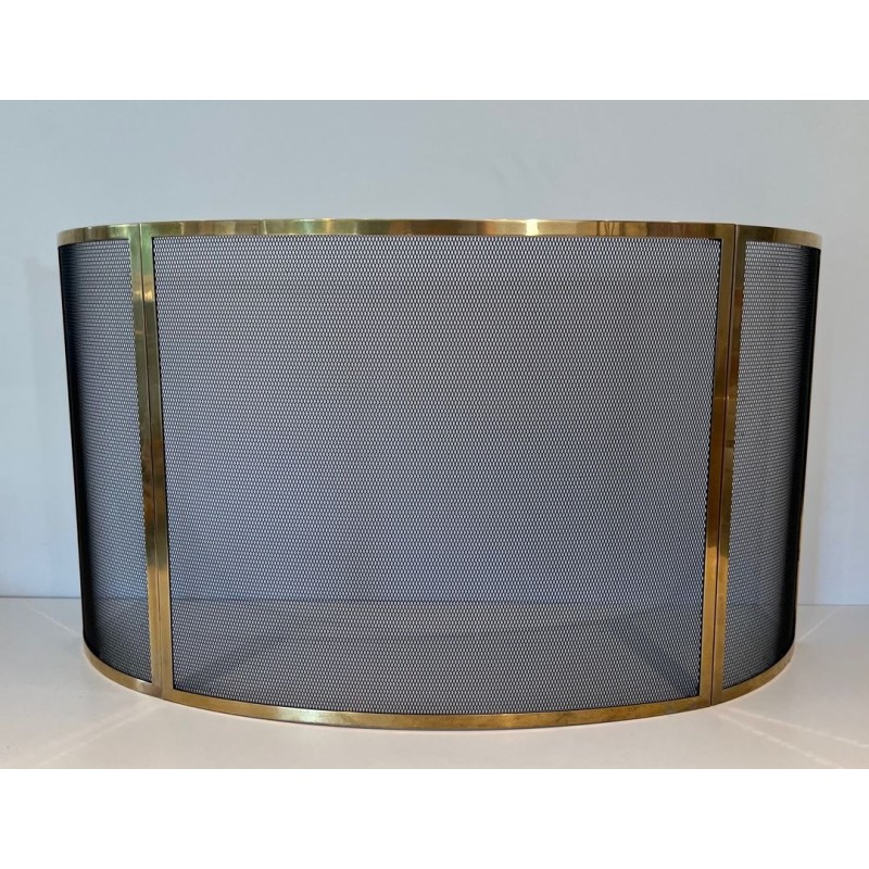 Design Large Curved Fireplace Screen in Black Steel Mesh with Polished Brass Frame