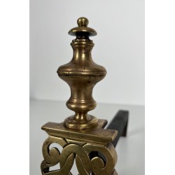 Pair of Chiseled Bronze and Wrought Iron Andirons in the Louis XV Style