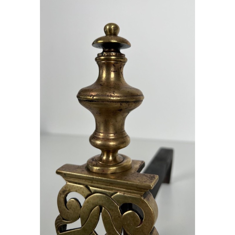 Paire de Chenets en Bronze Ciselé et Fer Forgé de Style Louis XV