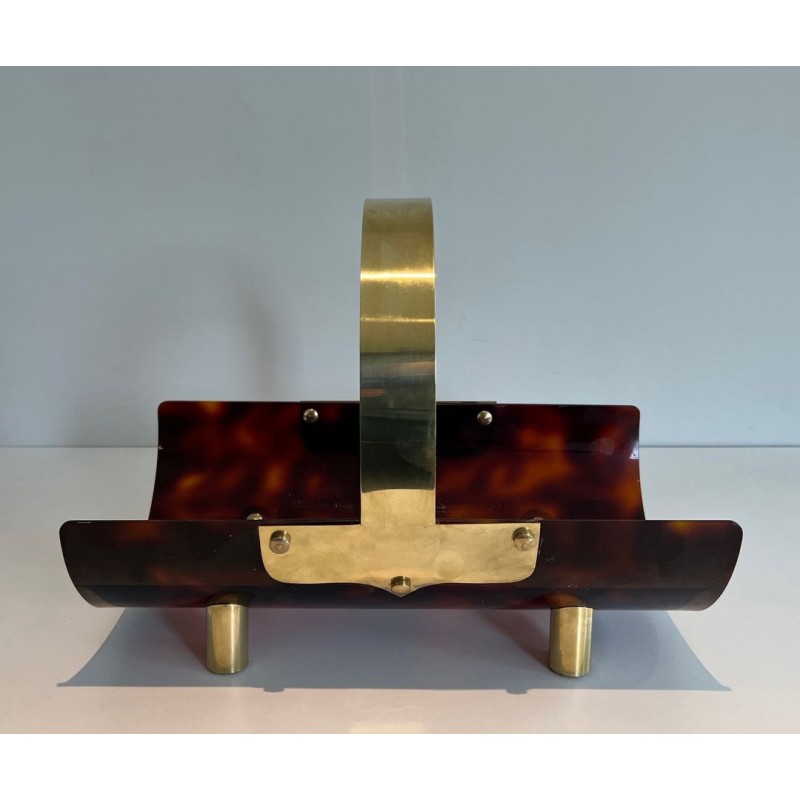 Log Holder in Tortoiseshell-Effect Lucite and Brass